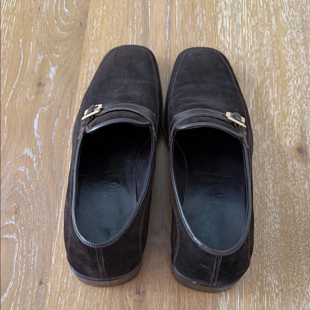 Ferragamo Men's Brown Suede Slip-On Loafers with Gold Buckle